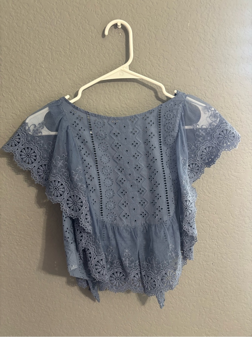 Light Blue Lace Flutter Sleeve Women's Top
